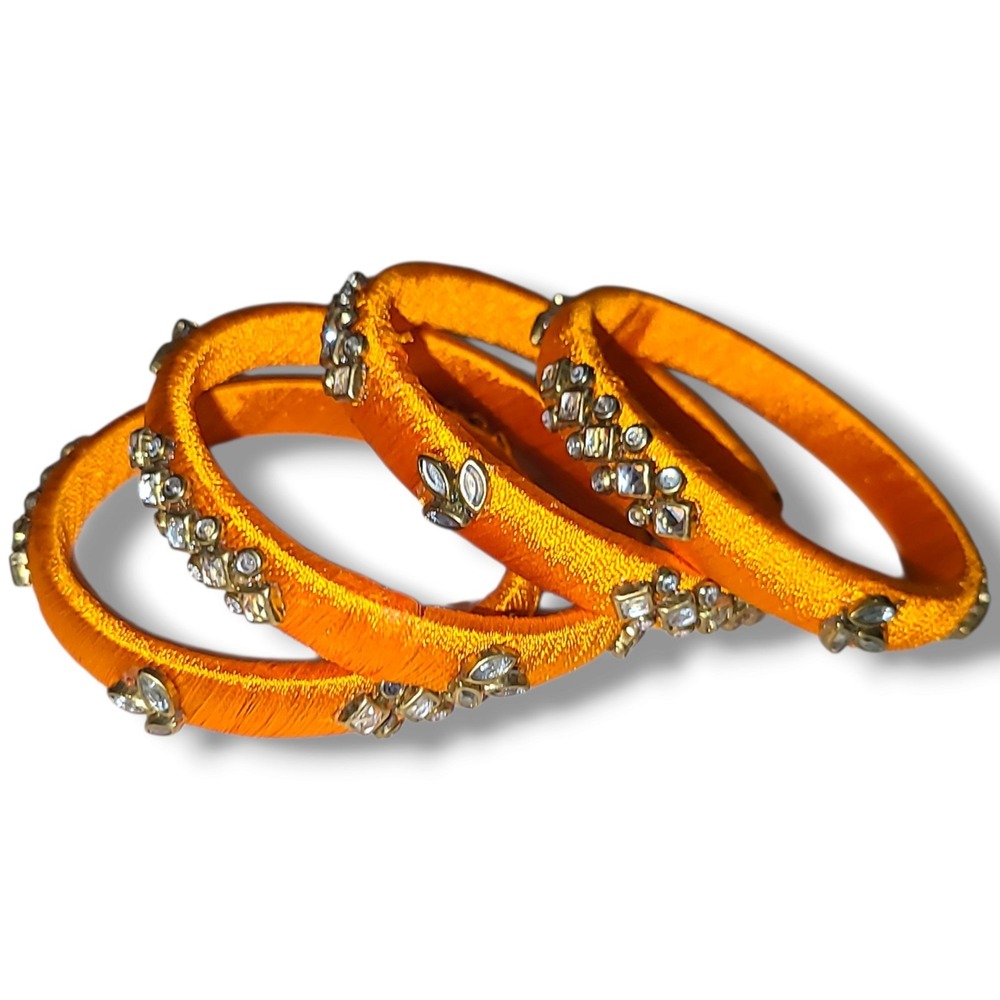 Vintage Indian Orange Silk Thread Kundan Bangles Rhinestone Embellished 2.47"